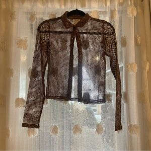 With Jean Eva Textured Brown Mesh Button-Up